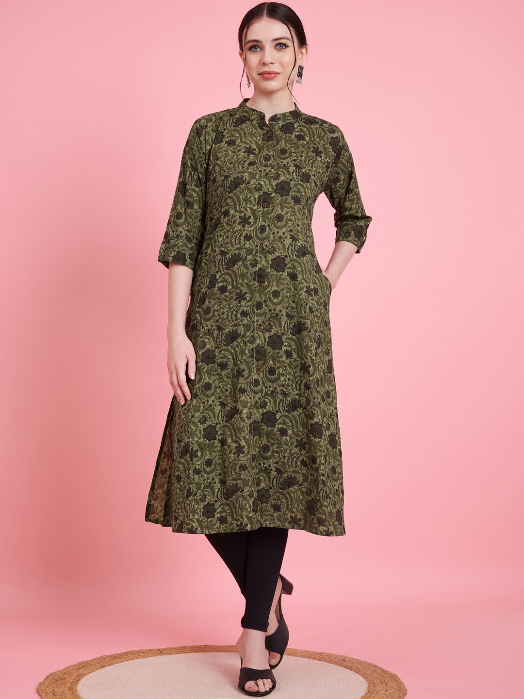 

Vbuyz Floral Printed A-Line Cotton Kurta, Green