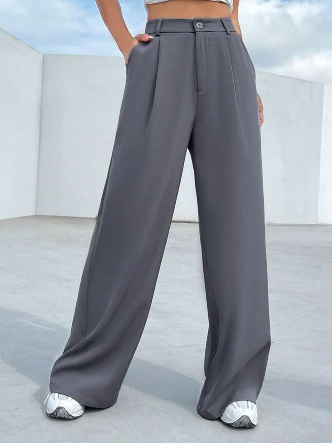 

BROADSTAR Women Pleated Korean Pants, Grey