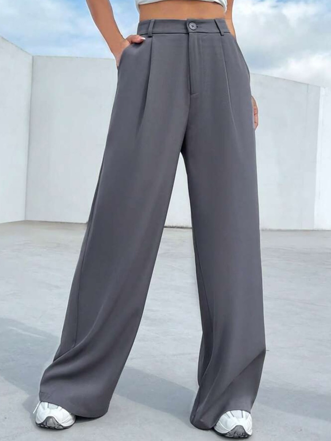 

BROADSTAR Women Pleated Korean Pants, Grey