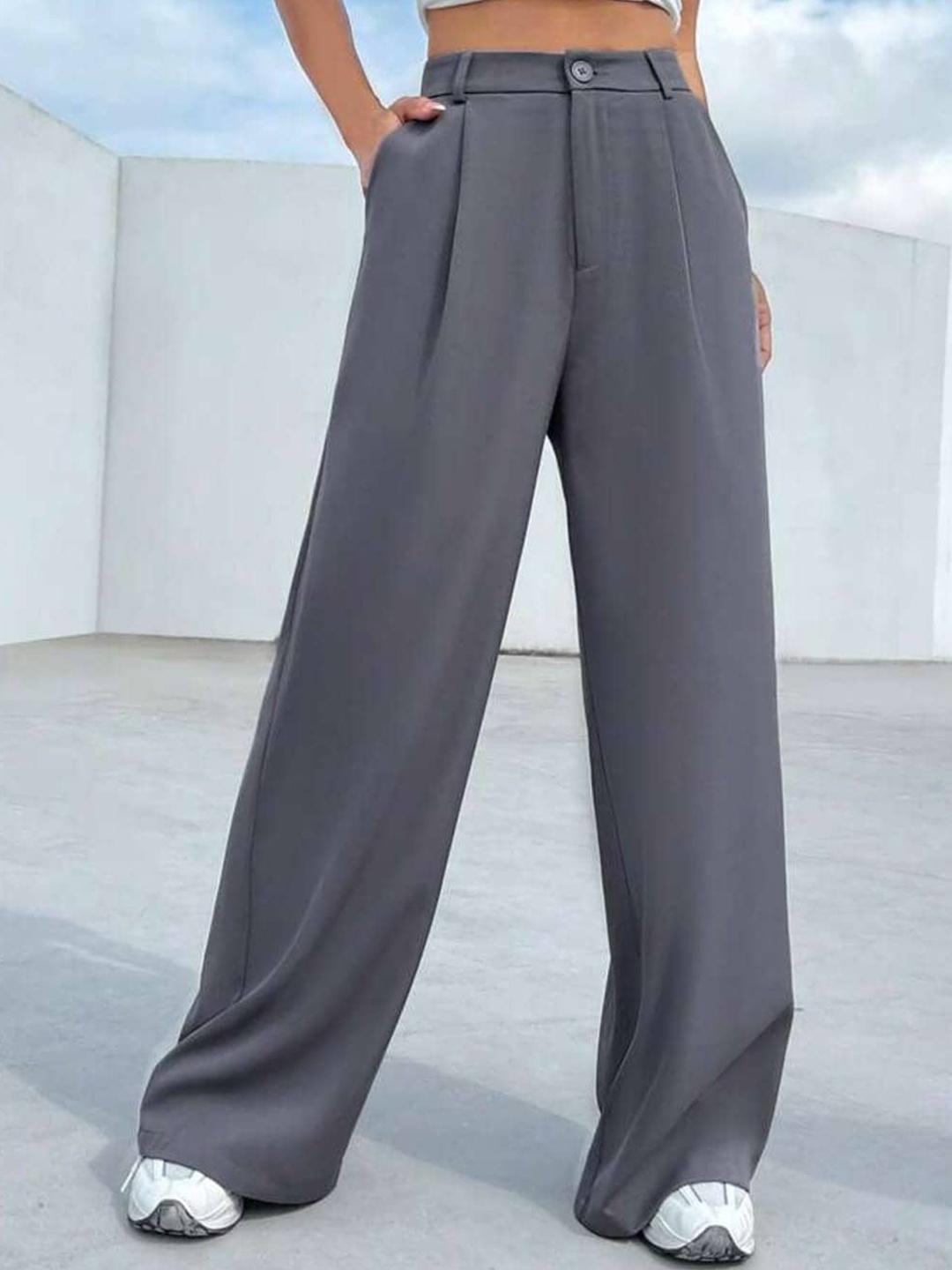 

Next One Women Smart Loose Fit High-Rise Easy Wash Pleated Parallel Trousers, Grey