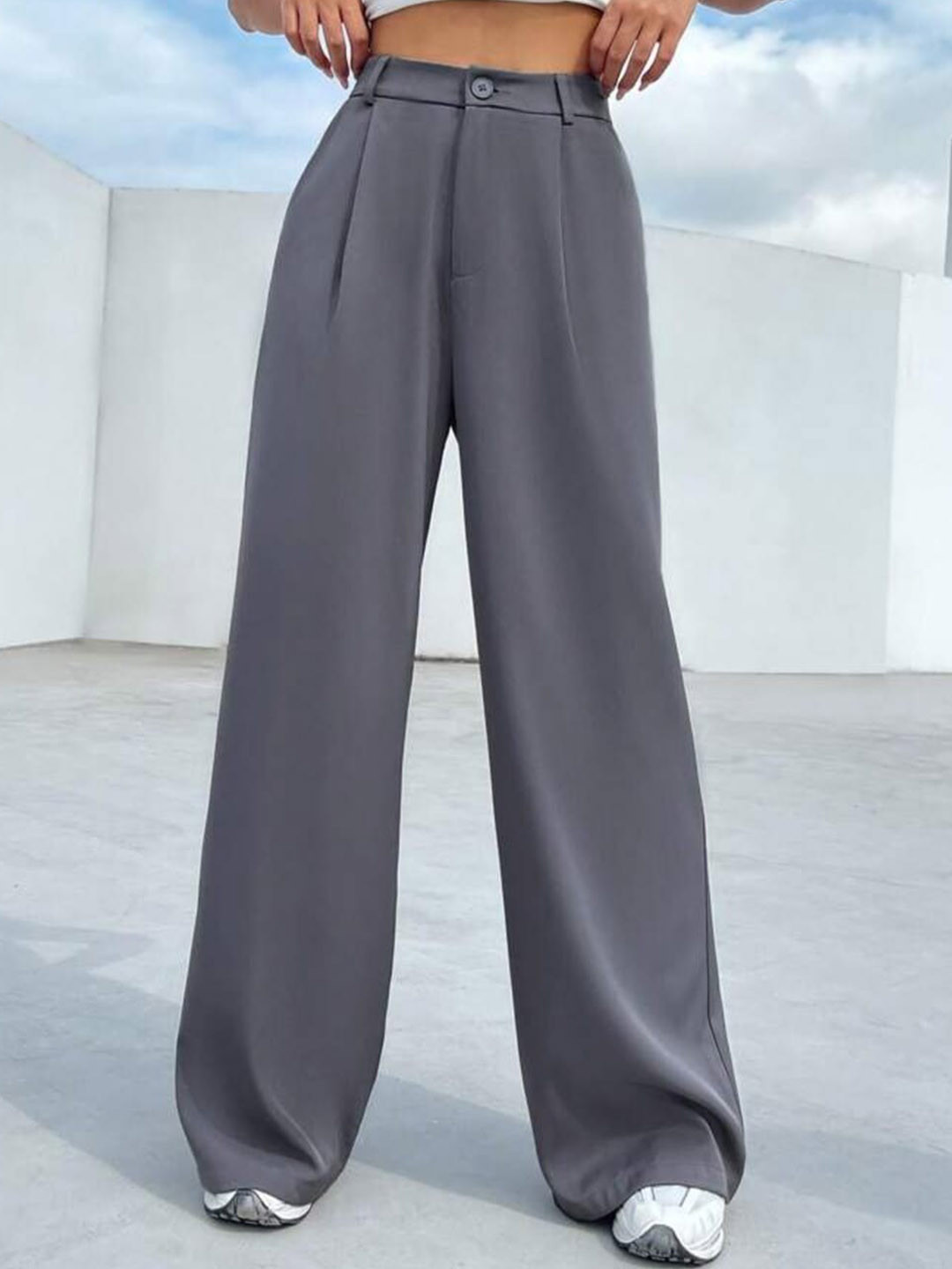 

Next One Women Smart Loose Fit High-Rise Easy Wash Pleated Parallel Trousers, Grey