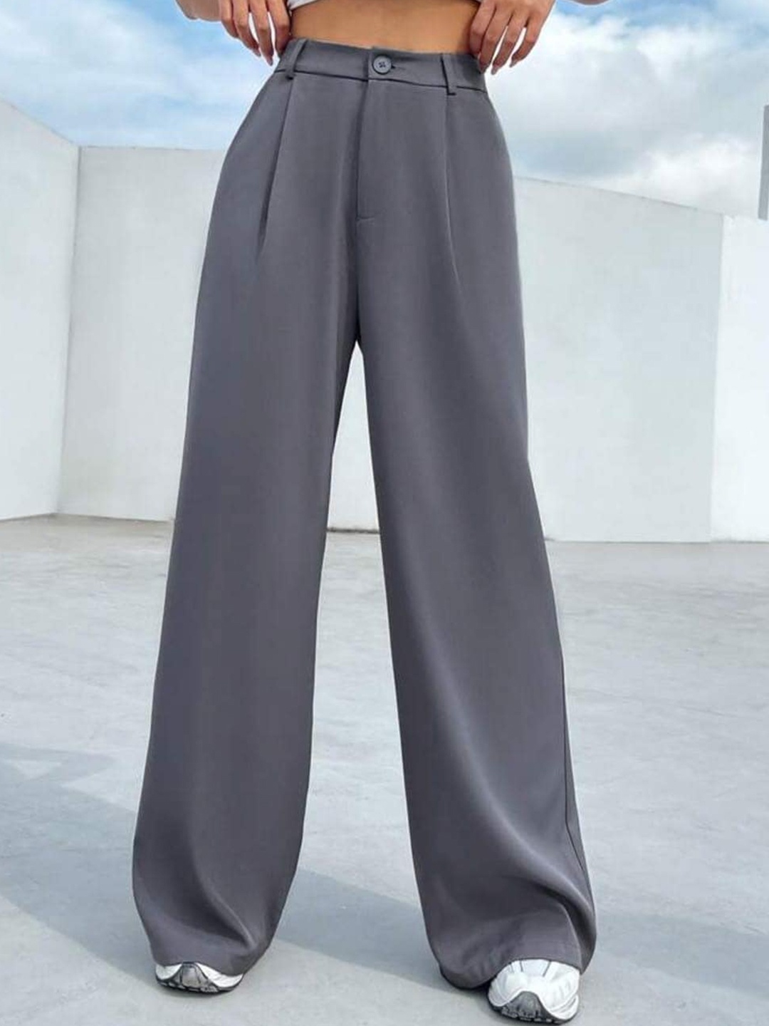 

Next One Women Smart Loose Fit High-Rise Easy Wash Pleated Parallel Trousers, Grey