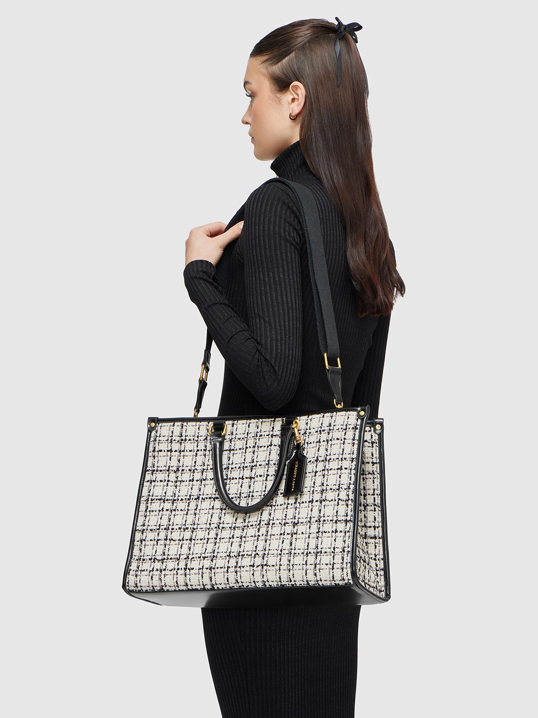 

MIRAGGIO Oversized Tweed Tote Bag with Crossbody Strap, White