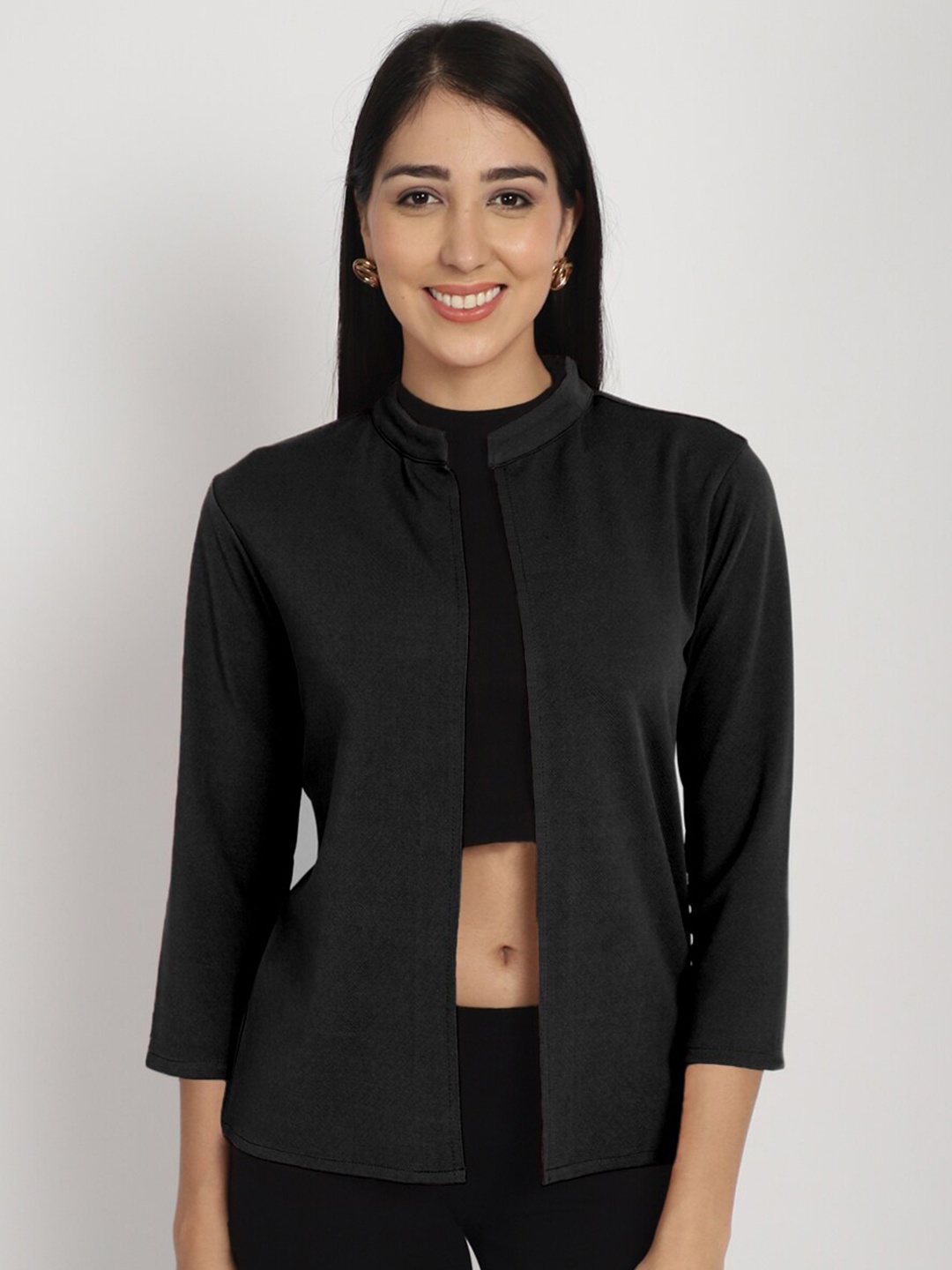 

urSense Three-Quarter Sleeves Open Front Shrug, Black