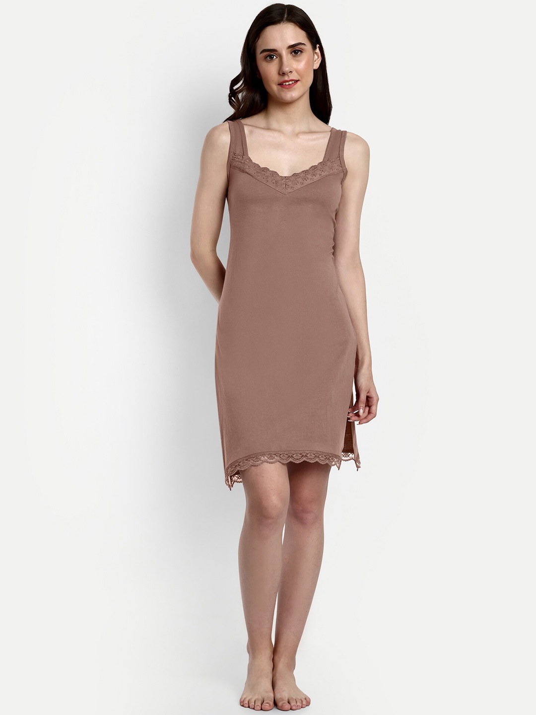 

BLAZON Lace Detail Pure Cotton Full Slip, Brown