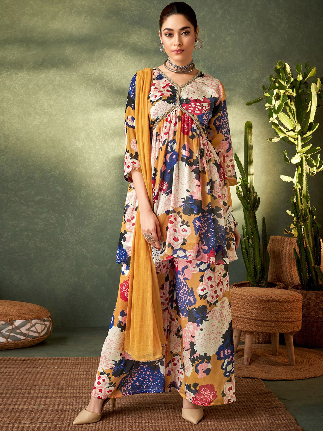 

KALINI Floral Printed V-Neck Beads and Stones A-Line Kurti With Palazzos & Dupatta, Beige