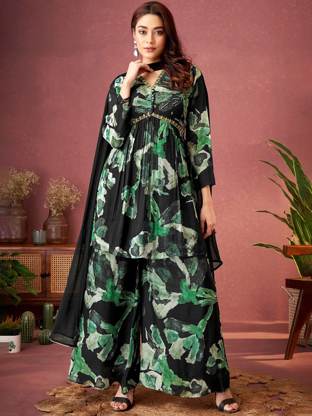 

KALINI Abstract Printed Beads & Stones Detailed A-Line Kurta & Palazzo With Dupatta, Black
