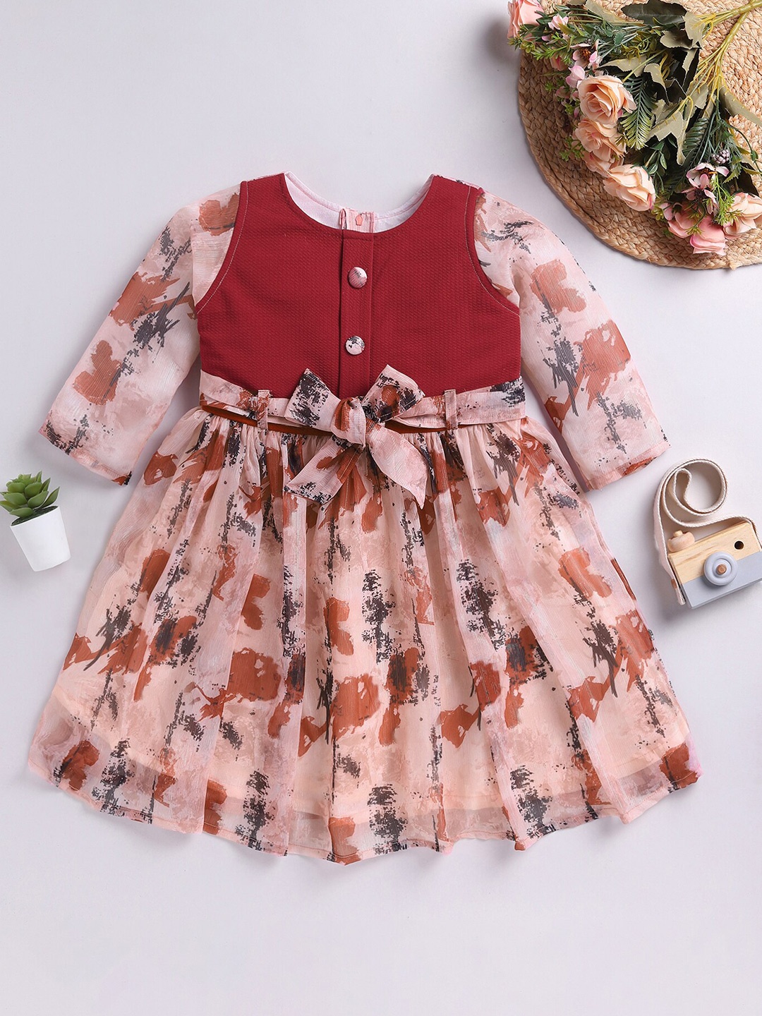 

Toonyport Girls Abstract Printed Tie Up Net Fit & Flare Dress, Pink