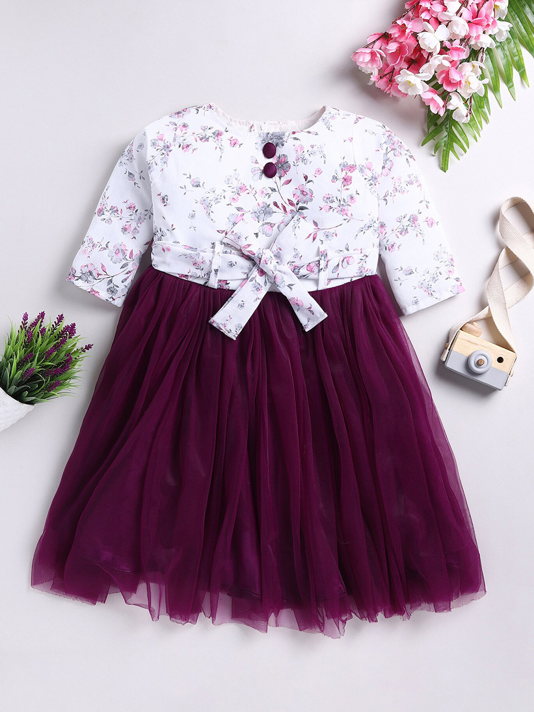 

Toonyport Girls Floral Printed Tie Up Net Fit & Flare Dress, Purple