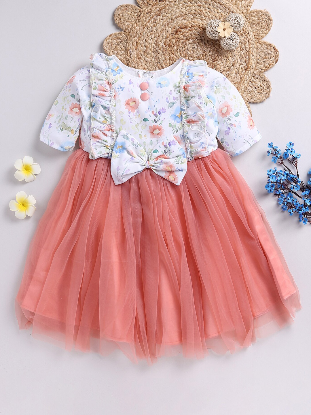

Toonyport Girls Floral Printed Bow Net Fit & Flare Dress, Peach