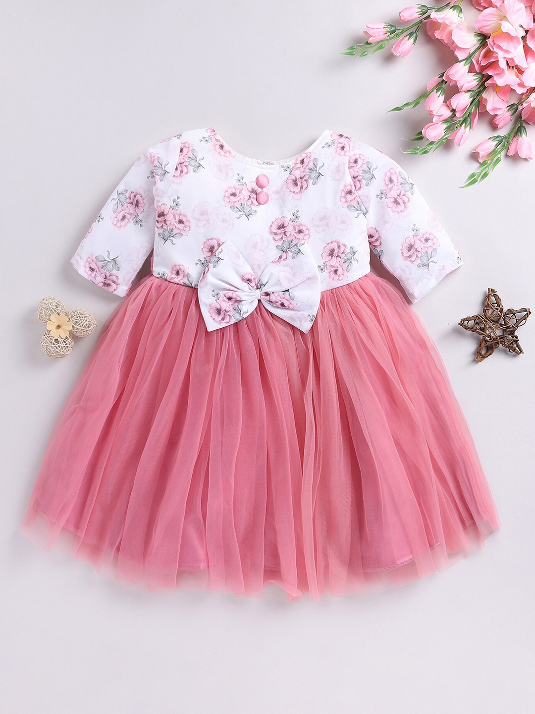 

Toonyport Girls Floral Printed Net Fit & Flare Dress, Pink