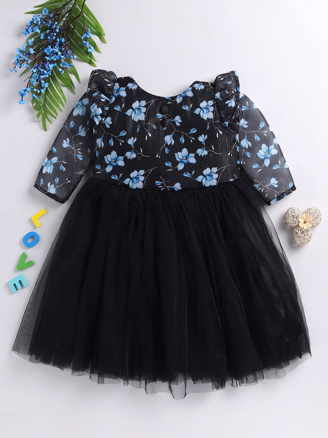 

Toonyport Girls Floral Printed Ruffled Net Fit & Flare Dress, Black