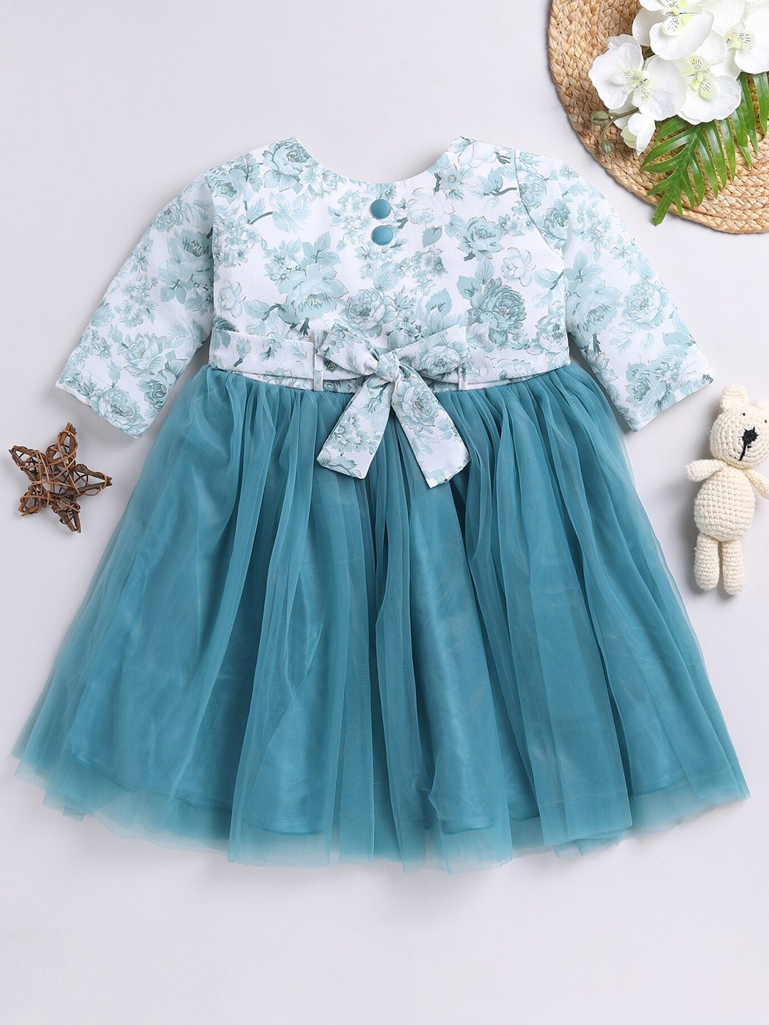 

Toonyport Girls Floral Printed Tie Up Net Fit & Flare Dress, Teal