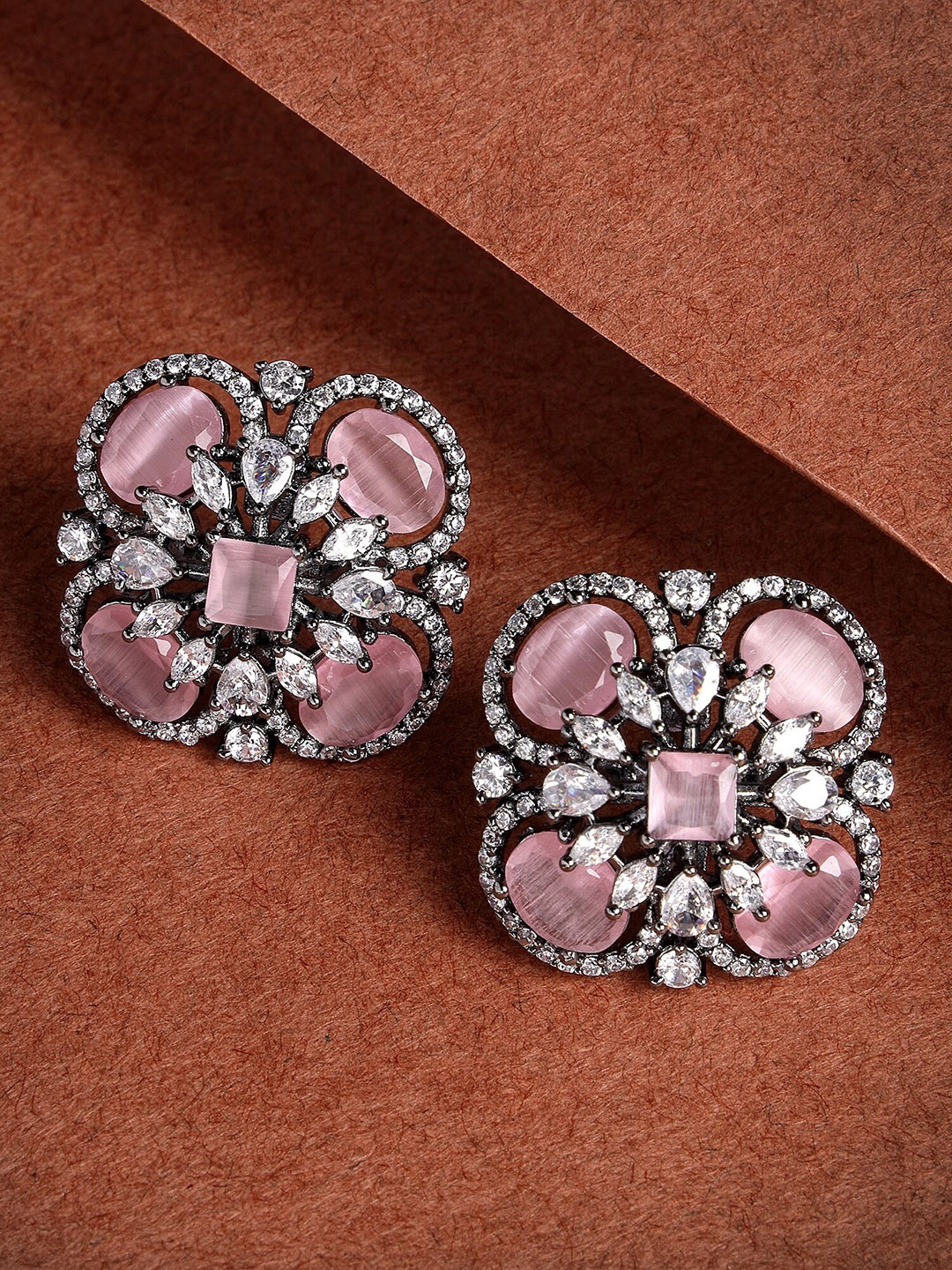 

KARATCART Silver-Plated Cubic Zirconia Studded Floral Design Studs Earrings, Pink