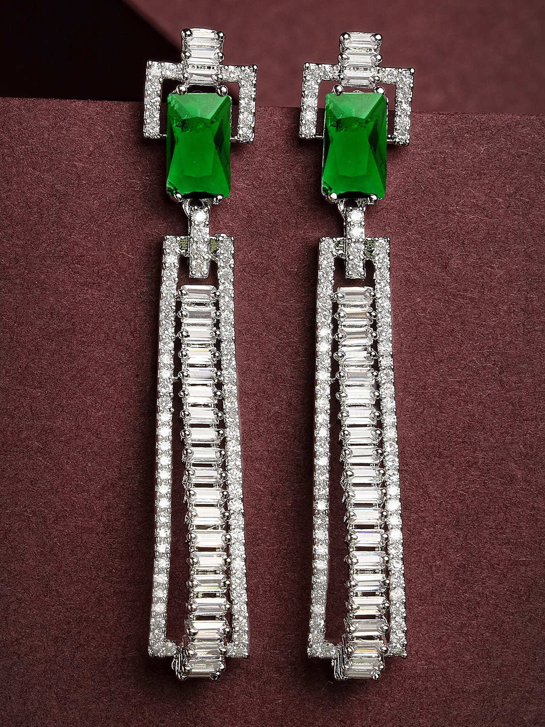 

KARATCART Silver-Plated Cubic Zirconia Studded Tasselled Drop Earrings, Green