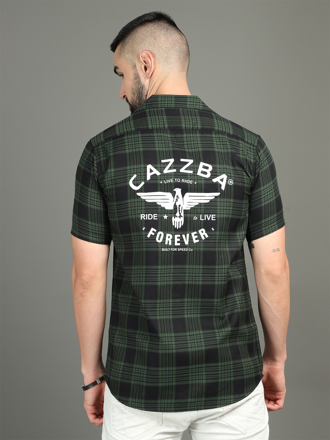 

CAZZBA Tartan Checked Short Sleeves Cotton Casual Shirt, Green