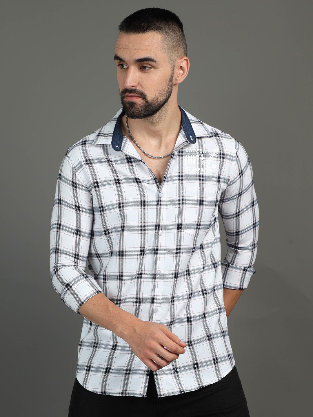 

CAZZBA Tartan Checked Long Sleeves Cotton Casual Shirt, White
