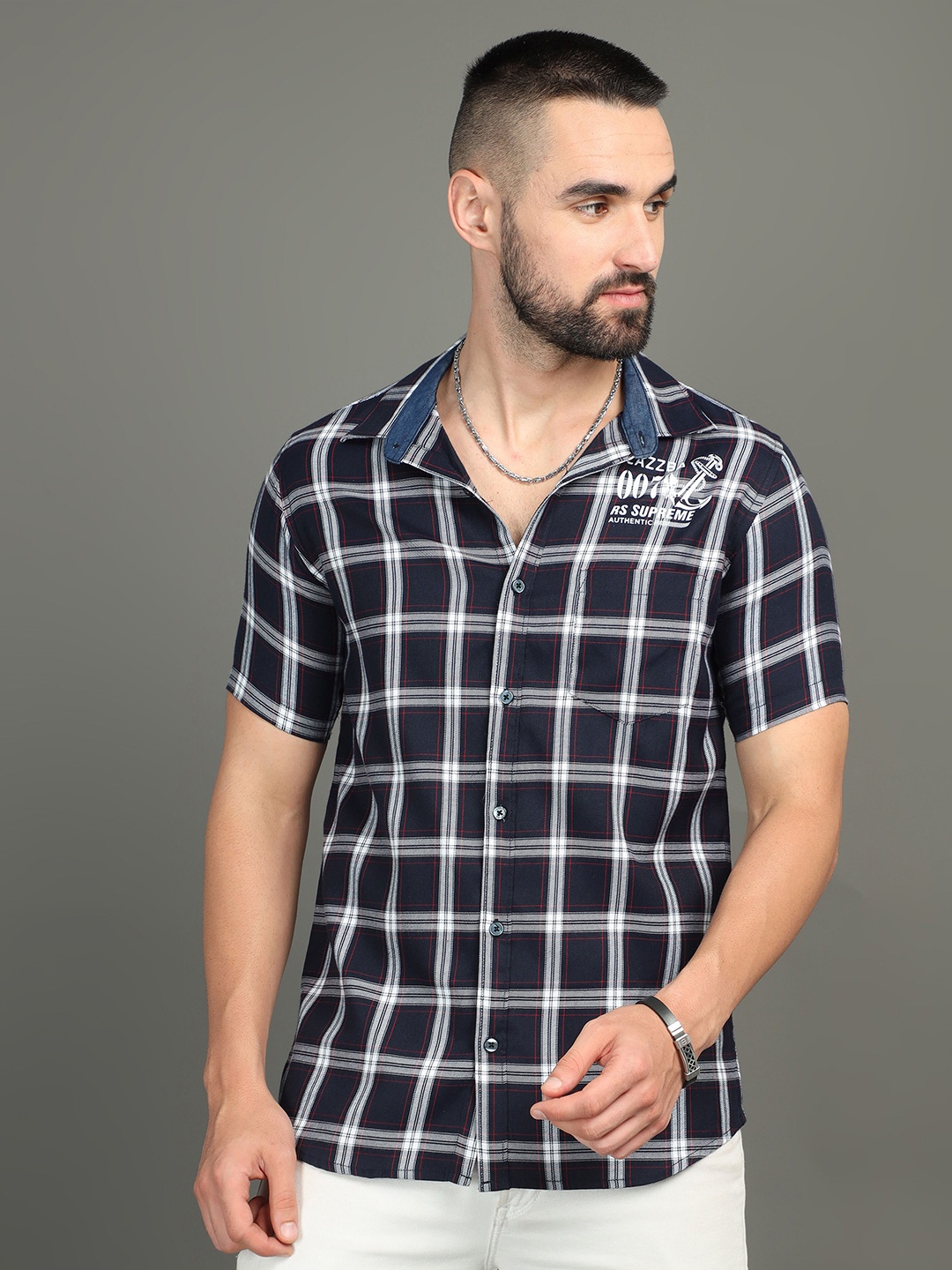 

CAZZBA Tartan Checked Short Sleeves Cotton Casual Shirt, Blue