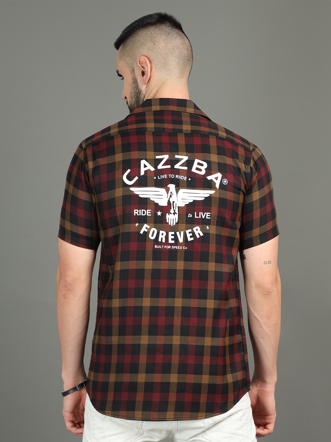 

CAZZBA Checked Short Sleeves Cotton Casual Shirt, Brown