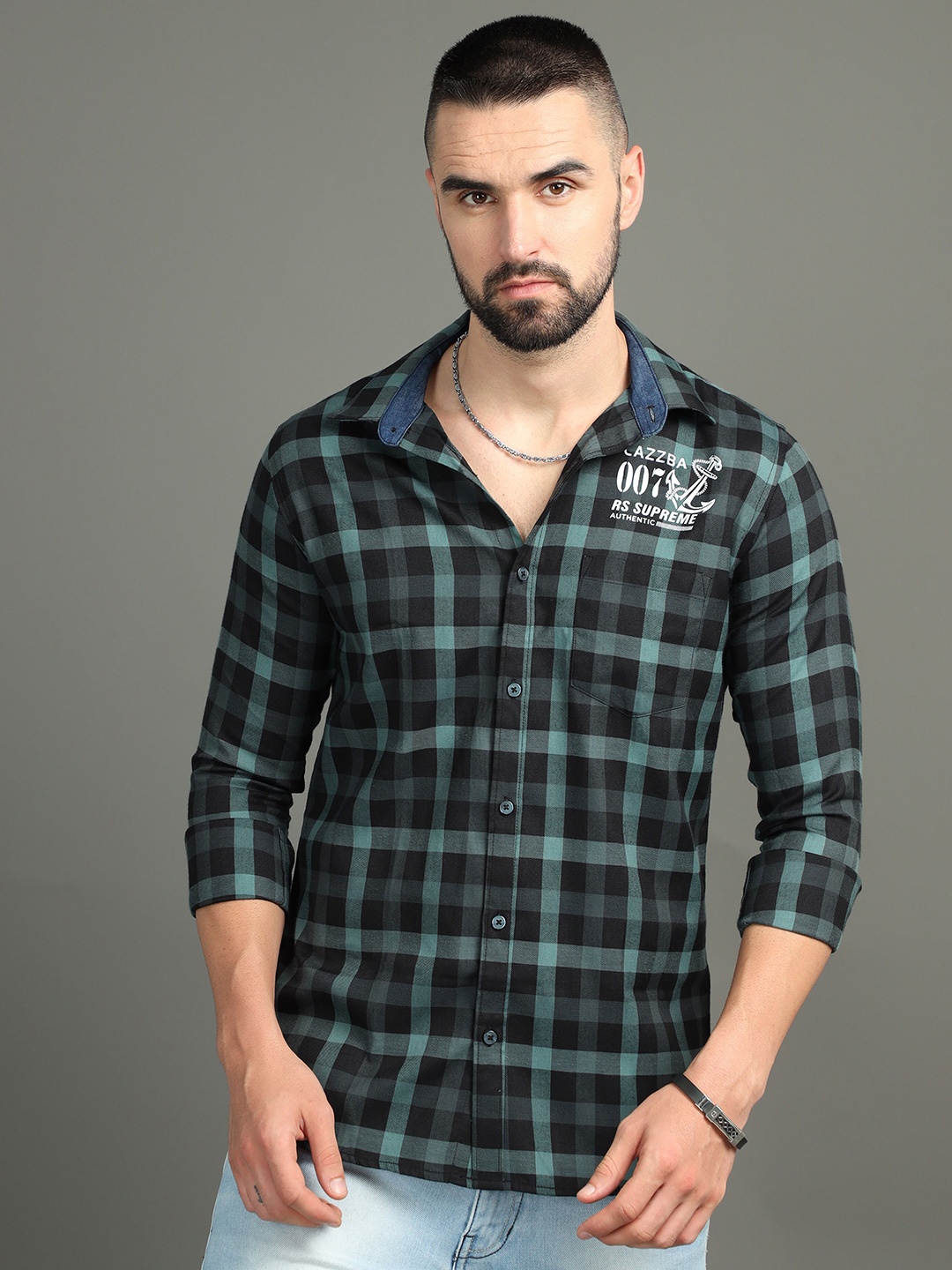

CAZZBA Tartan Checks Cotton Casual Shirt, Grey