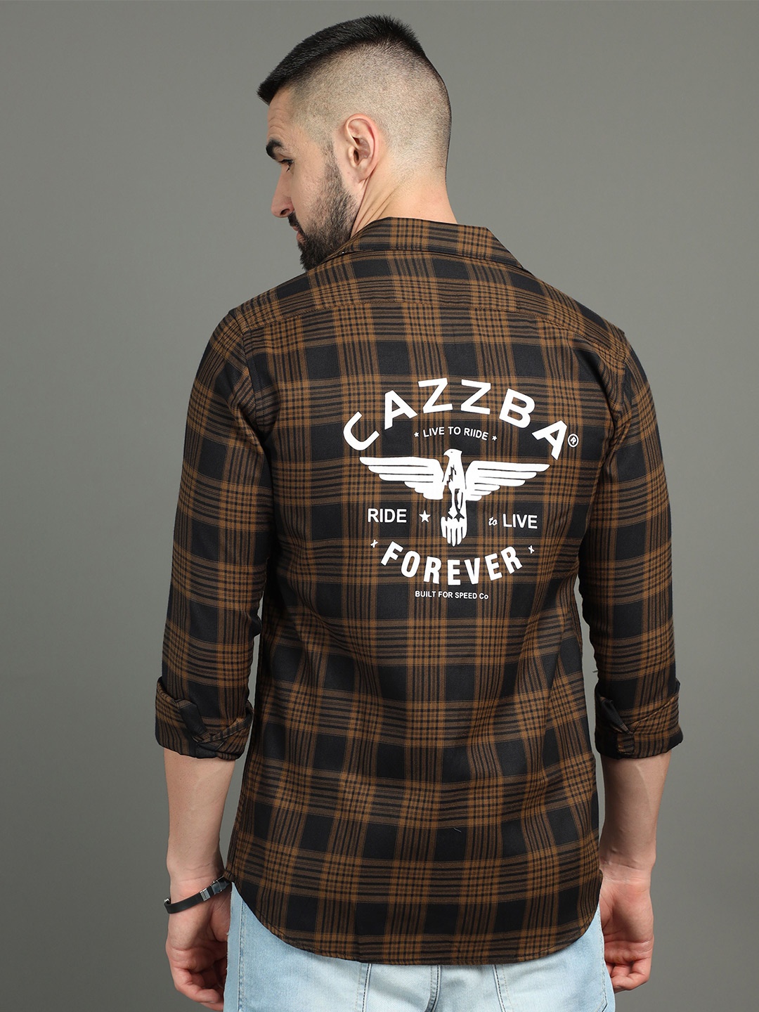 

CAZZBA Tartan Checked Long Sleeves Cotton Casual Shirt, Brown