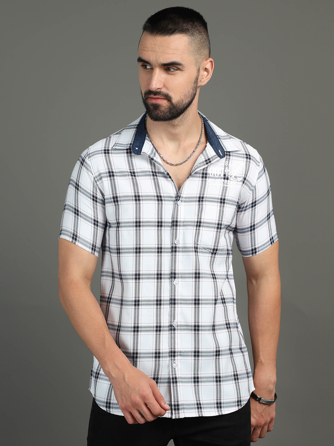 

CAZZBA Tartan Checked Short Sleeves Cotton Casual Shirt, White