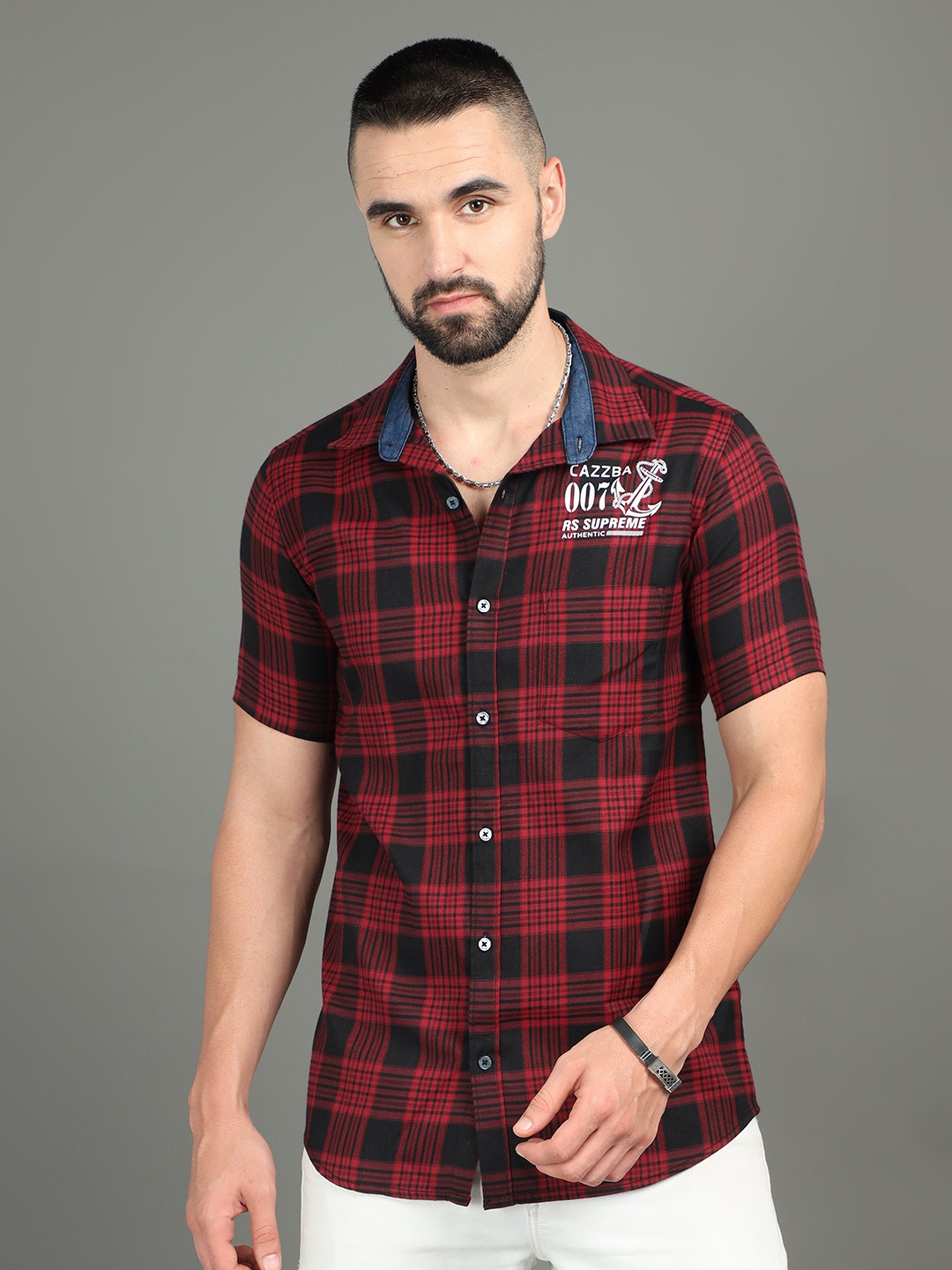 

CAZZBA Tartan Checked Short Sleeves Cotton Casual Shirt, Maroon