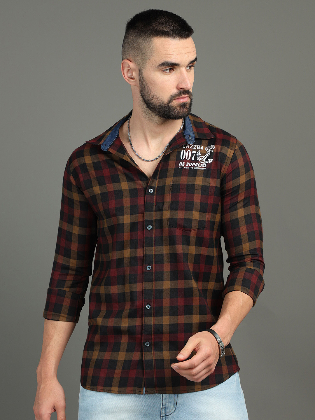 

CAZZBA Tartan Checked Cotton Casual Shirt, Black