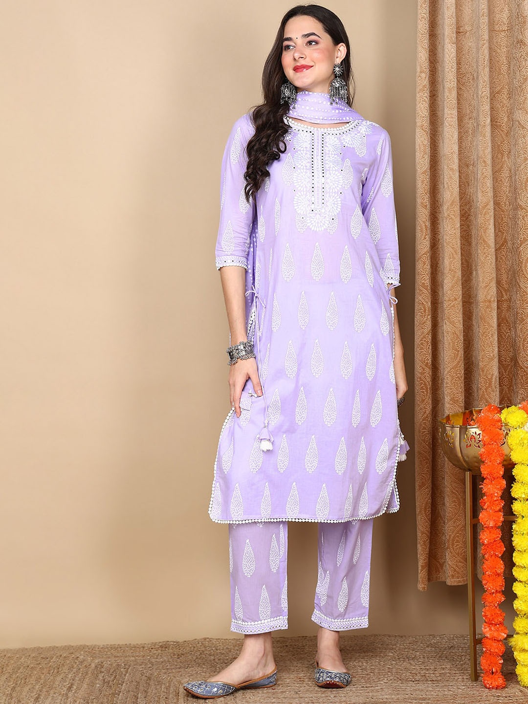 

AHIKA Ethnic Motifs Printed Mirror Work Pure Cotton Kurta With Trousers & Dupatta, Lavender
