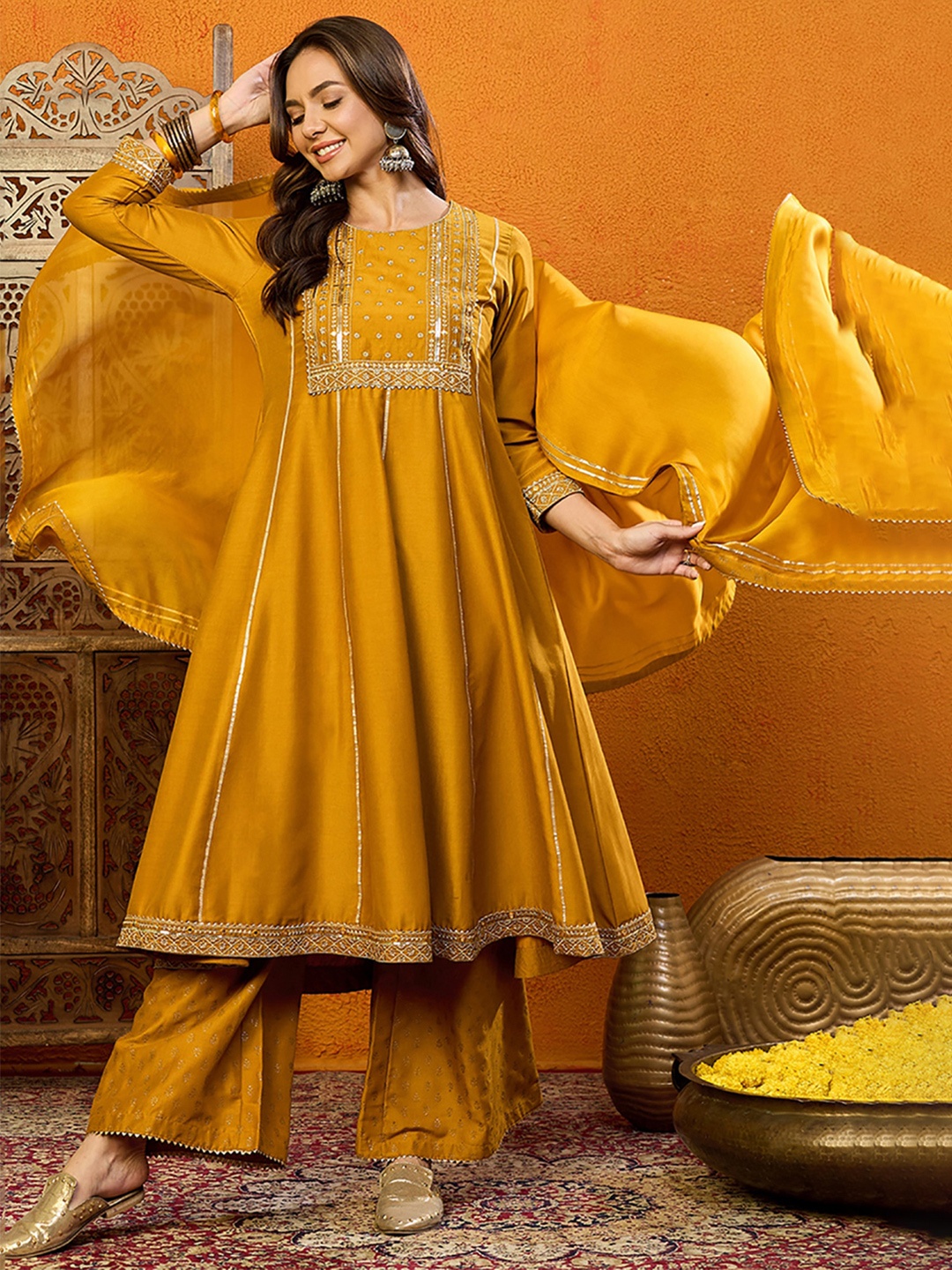 

AHIKA Ethnic Motifs Embroidered Sequinned Anarkali Kurta With Palazzos & Dupatta, Mustard