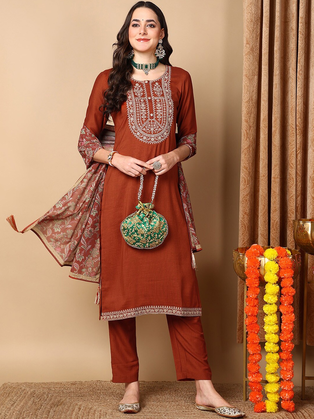 

AHIKA Floral Yoke Design Sequinned Kurta & Trousers With Dupatta, Rust