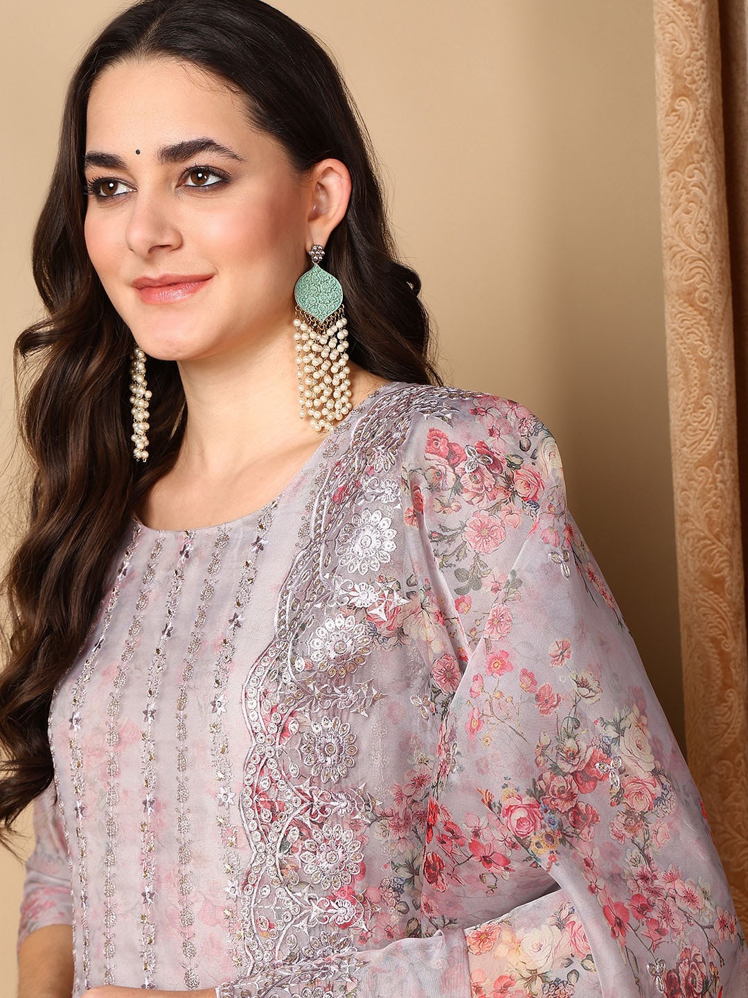 

AHIKA Floral Embroidered Sequined Organza Kurta With Trouser & Dupatta, Grey