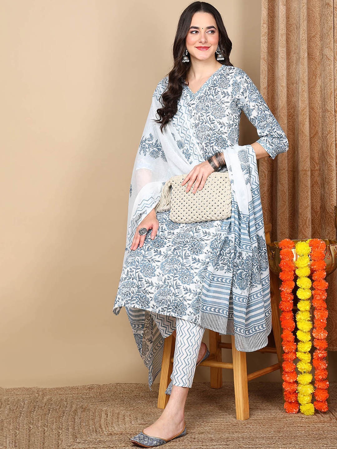 

AHIKA Floral Printed Pure Cotton Kurta & Trousers With Dupatta, White