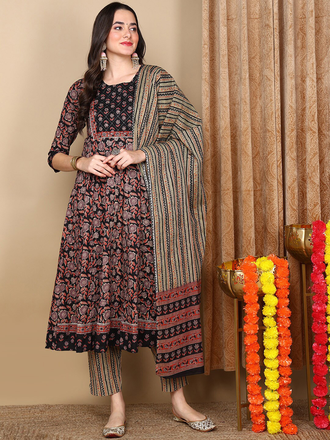 

AHIKA Floral Printed Pure Cotton Anarkali Kurta With Trousers & Dupatta, Beige