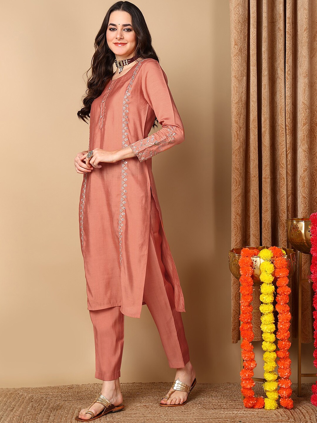 

AHIKA Ethnic Motifs Embroidered Sequinned Kurta With Trousers & Dupatta, Orange