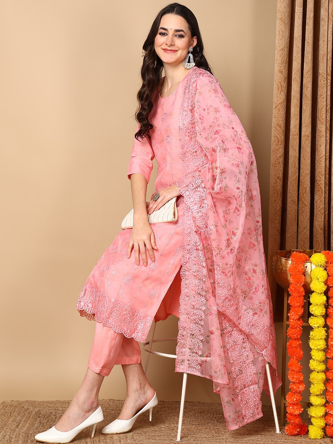

AHIKA Floral Embroidered Sequinned Kurta With Trousers & Dupatta, Pink