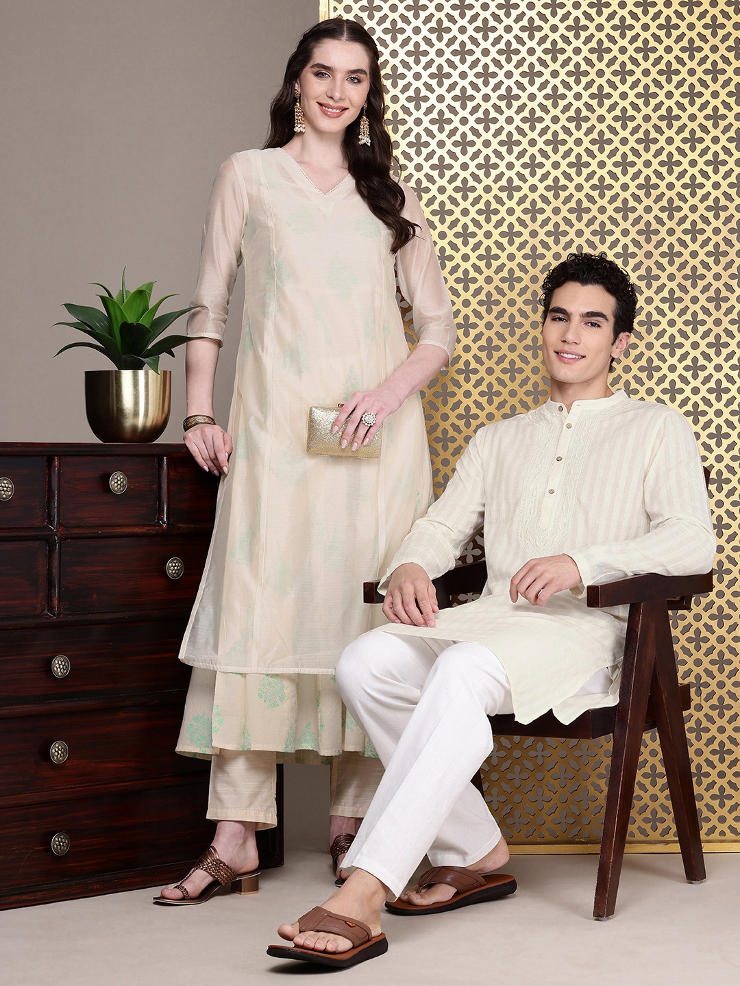 

House of Pataudi Jashn Floral Printed Layered Kurta, Cream