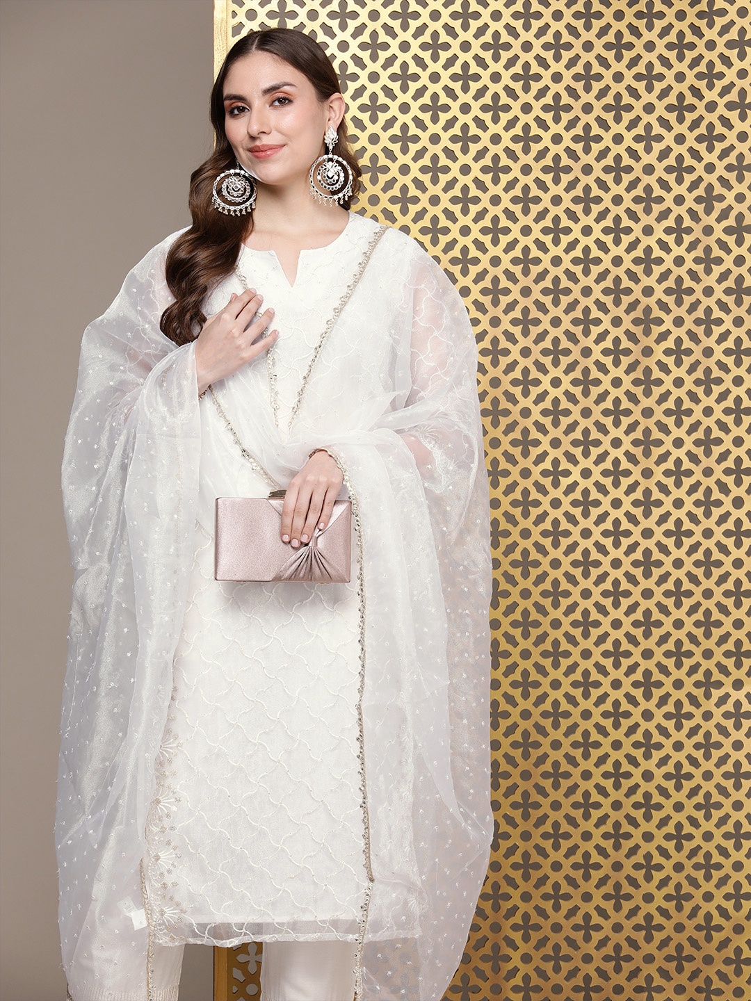 

House of Pataudi Women Jashn Embroidered Sequinned Kurta With Trousers & Dupatta, White