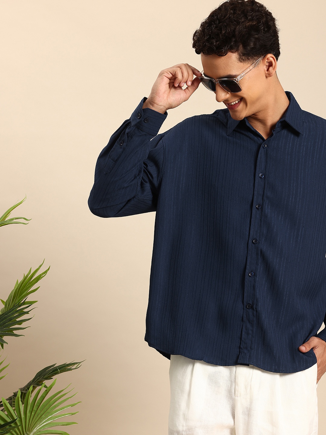 

Mast & Harbour Self Striped Relaxed Fit Opaque Casual Shirt, Navy blue