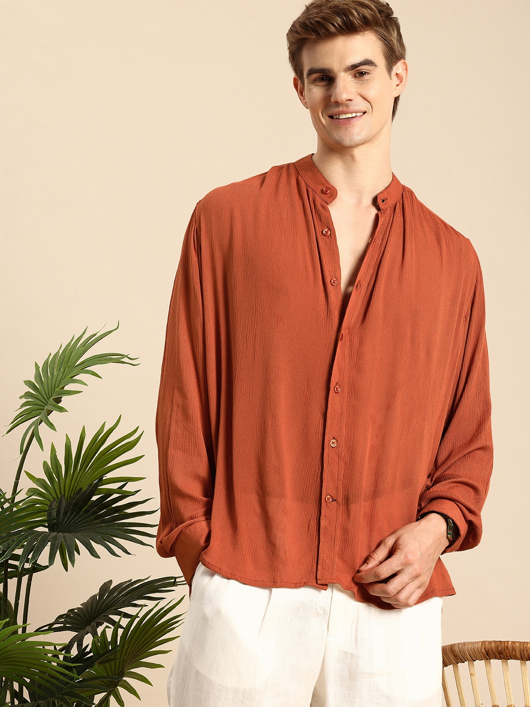 

Mast & Harbour Crushed Opaque Longline Casual Shirt, Rust