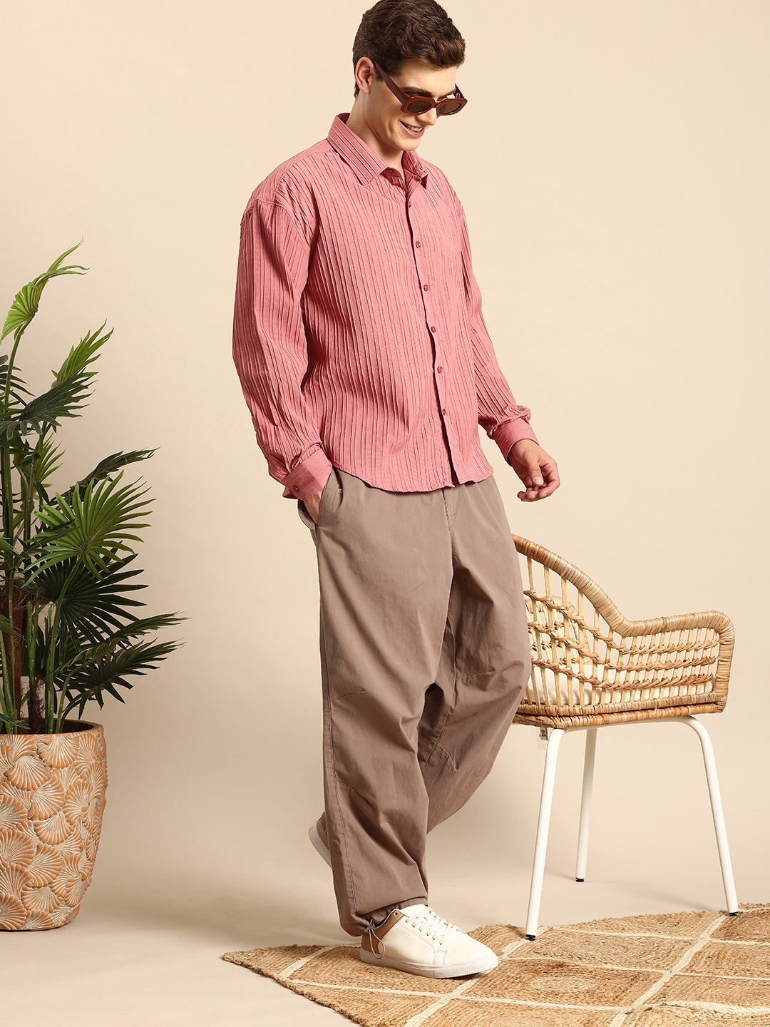 

Mast & Harbour Self Striped Relaxed Fit Opaque Casual Shirt, Rose