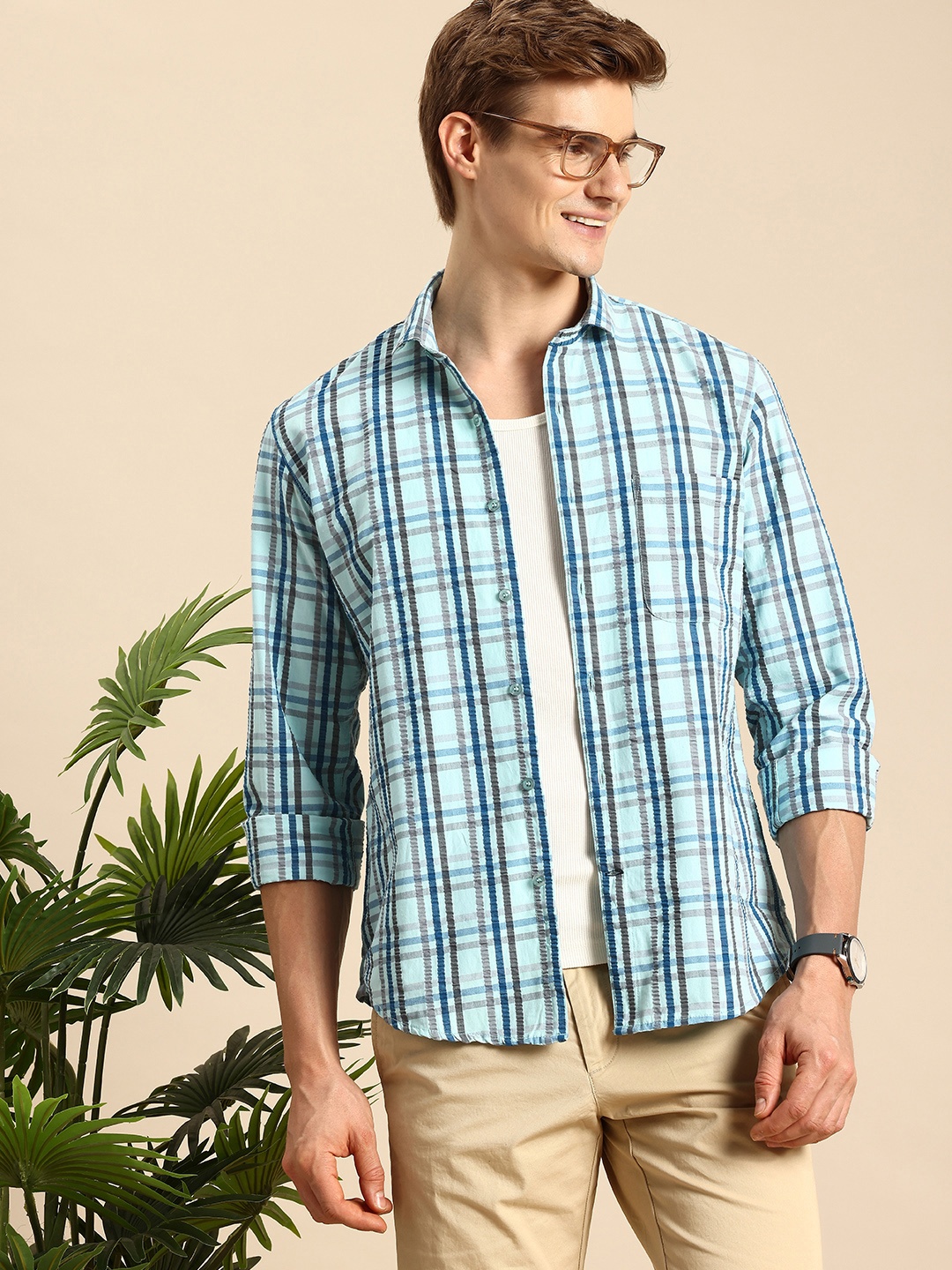 

Mast & Harbour Seersucker Tartan Checks Opaque Casual Shirt, Blue