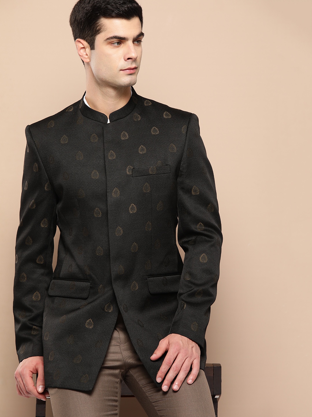 

INVICTUS Slim Fit Woven Design Ethnic Bandhgala, Black