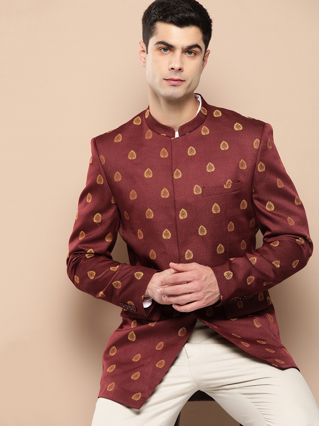 

INVICTUS Slim Fit Woven Design Ethnic Bandhgala, Maroon