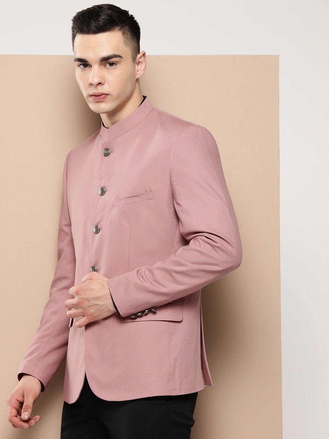 

INVICTUS Slim Fit Self Design Bandhgala Blazer, Pink