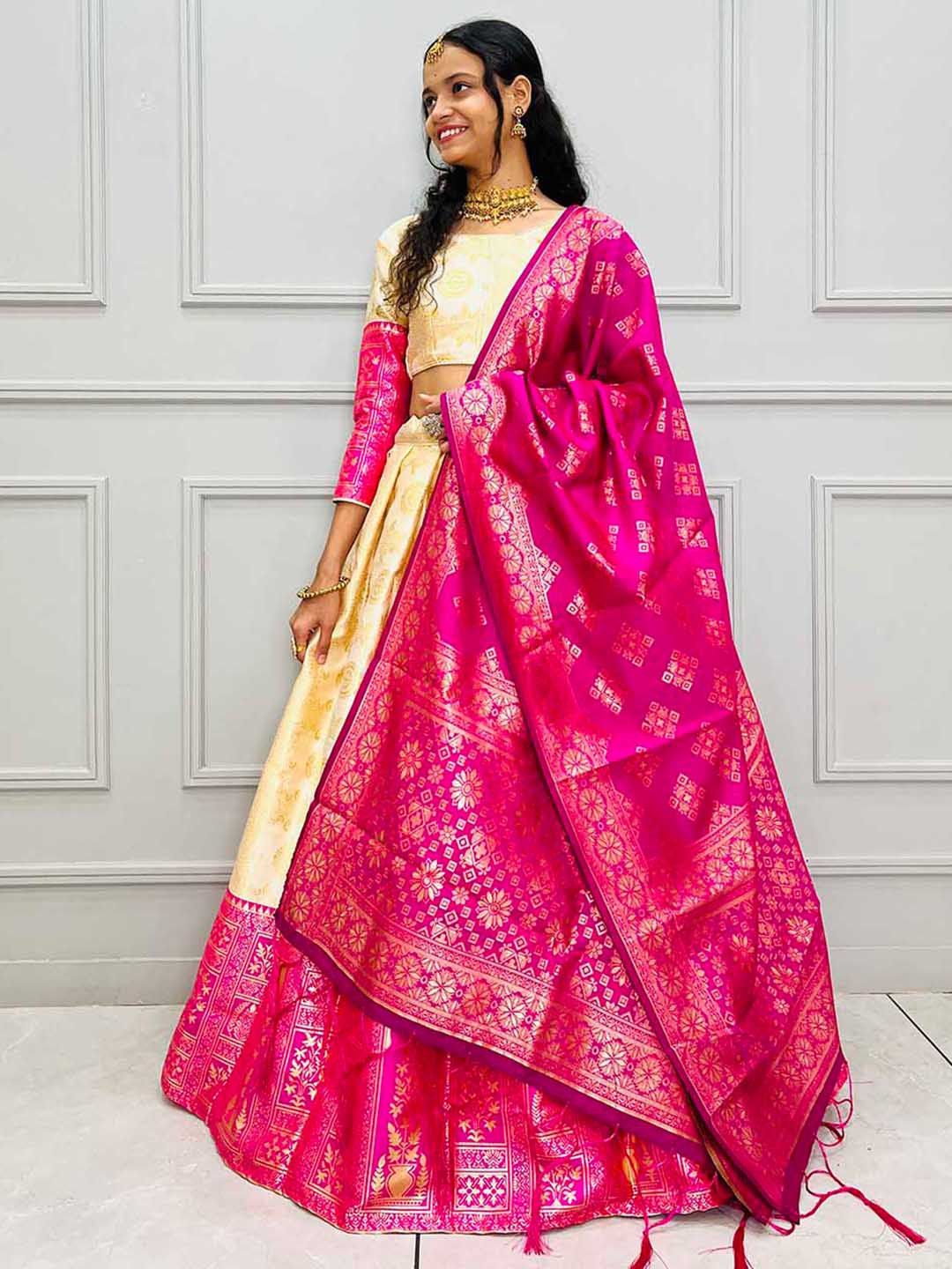 

Fabcartz Semi-Stitched Art Silk Lehenga & Unstitched Blouse With Dupatta, Cream