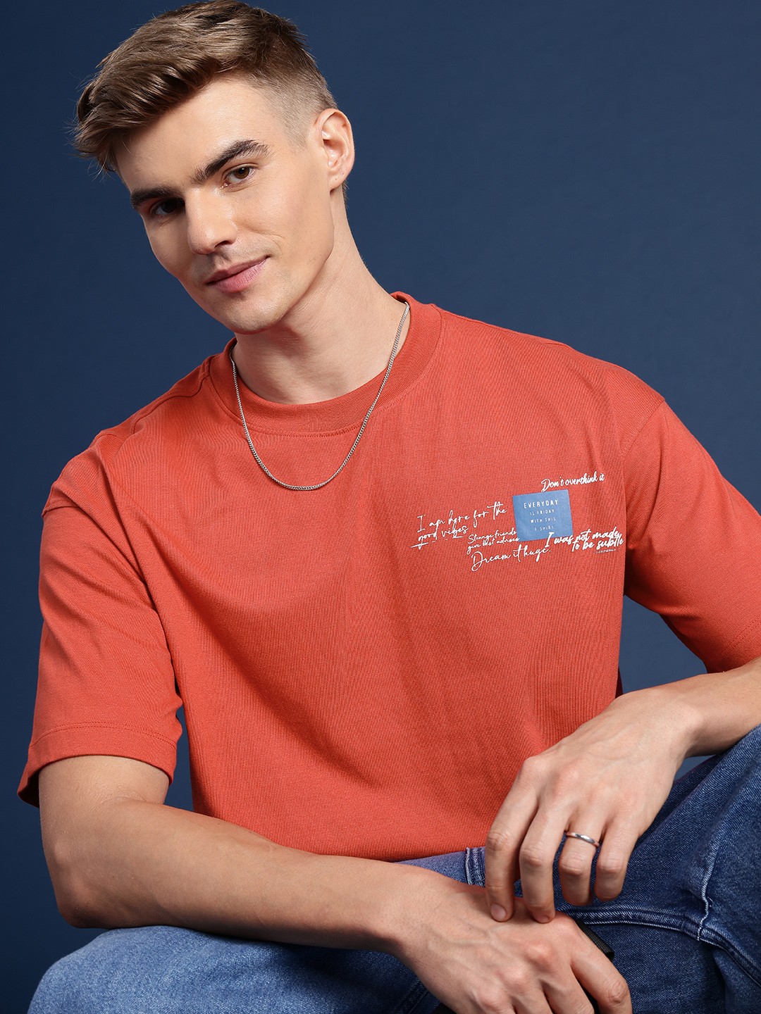 

Mast & Harbour Typography Printed Drop-Shoulder Sleeves T-shirt, Red