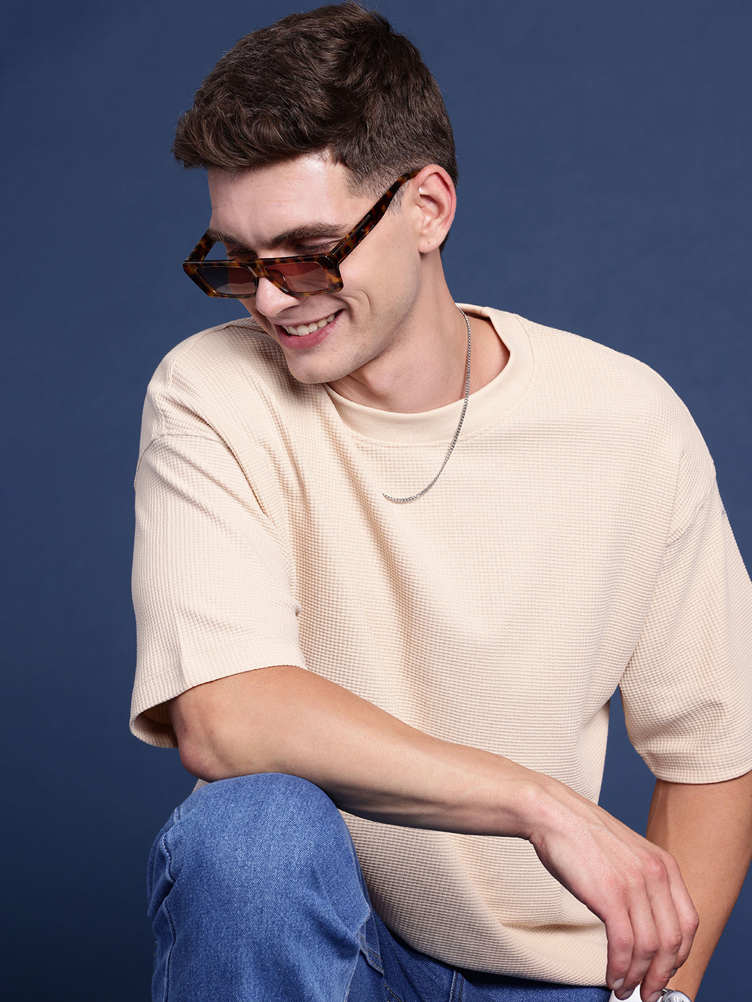 

Mast & Harbour Self Design Drop-Shoulder Sleeves T-shirt, Beige