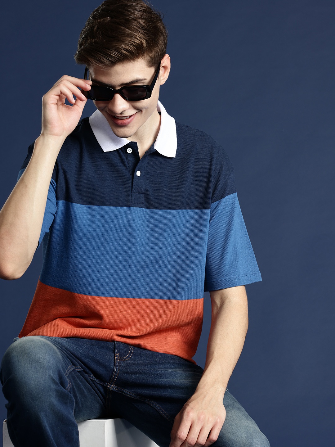 

Mast & Harbour Striped Polo Collar T-shirt, Navy blue