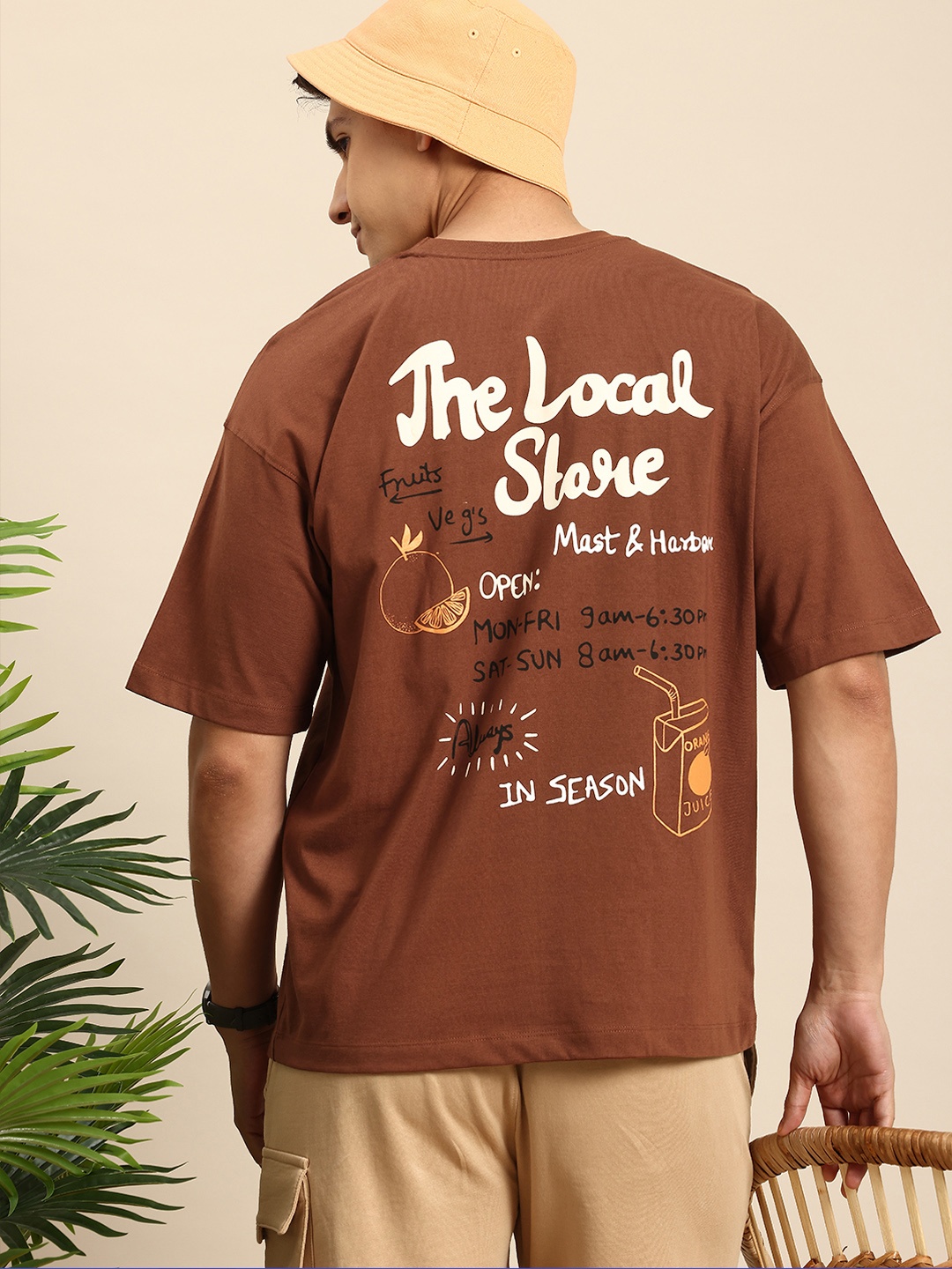 

Mast & Harbour Typography Printed Drop-Shoulder Sleeves T-shirt, Brown